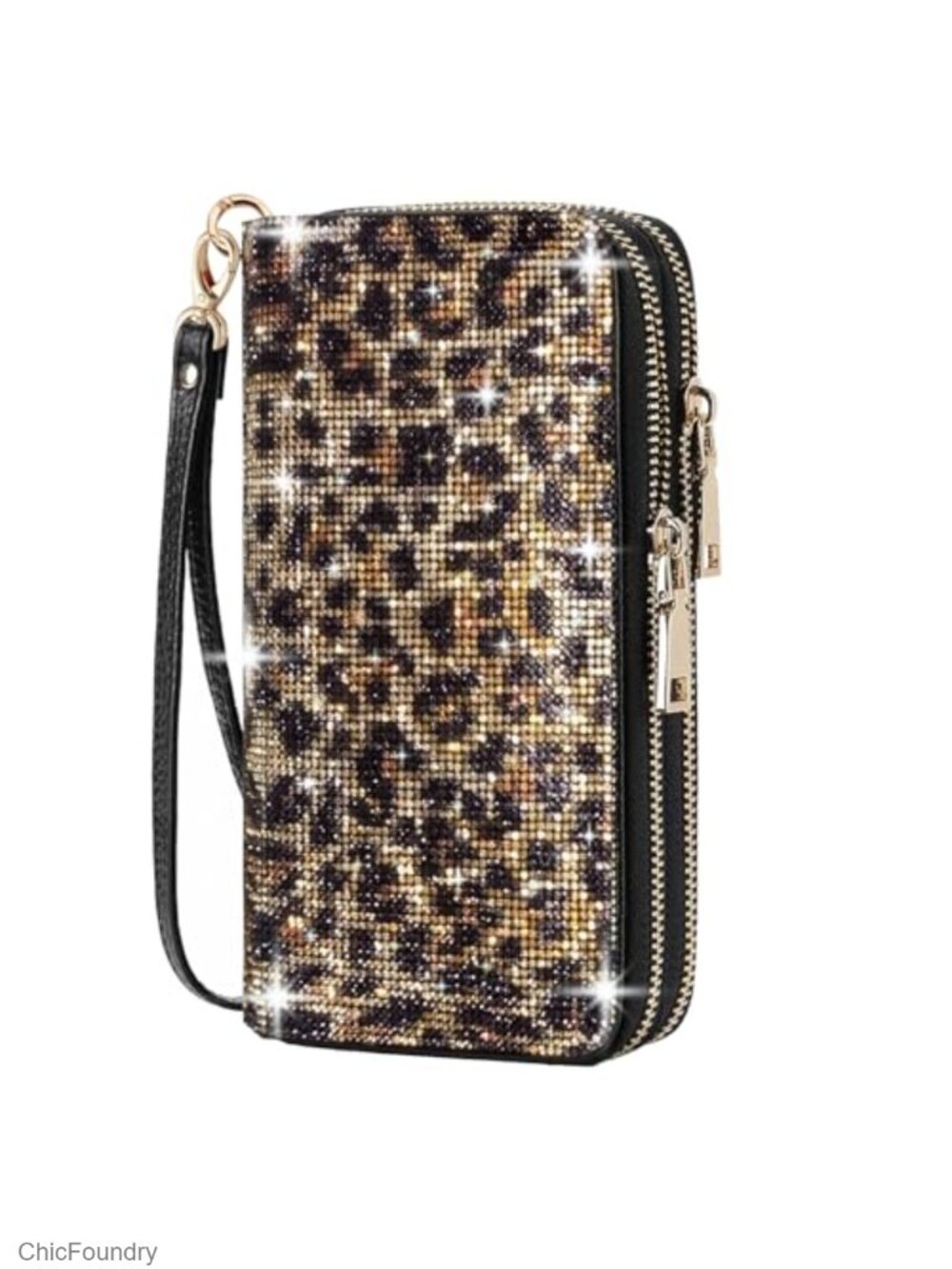 Rhinestone Large Capacity Double Zipper Wristlet Clutch